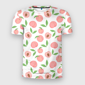 Мужская футболка 3D Slim с принтом Сочные персики с листьями , 100% полиэстер с улучшенными характеристиками | приталенный силуэт, круглая горловина, широкие плечи, сужается к линии бедра | Тематика изображения на принте: 