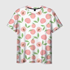 Мужская футболка 3D с принтом Сочные персики с листьями , 100% полиэфир | прямой крой, круглый вырез горловины, длина до линии бедер | 