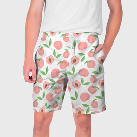 Мужские шорты 3D с принтом Сочные персики с листьями в Кировске,  полиэстер 100% | прямой крой, два кармана без застежек по бокам. Мягкая трикотажная резинка на поясе, внутри которой широкие завязки. Длина чуть выше колен | 