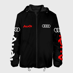 Мужская куртка 3D с принтом Audi на черном фоне в Ухте, ткань верха — 100% полиэстер, подклад — флис | прямой крой, подол и капюшон оформлены резинкой с фиксаторами, два кармана без застежек по бокам, один большой потайной карман на груди. Карман на груди застегивается на липучку | 