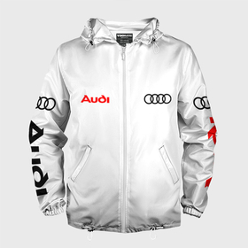 Мужская ветровка 3D с принтом Audi на белом фоне в городе Новоалтайск, 100% полиэстер | подол и капюшон оформлены резинкой с фиксаторами, два кармана без застежек по бокам, один потайной карман на груди | 