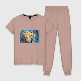 Женская пижама хлопок с принтом Березы осенью в Новосибирске, 100% хлопок | брюки и футболка прямого кроя, без карманов, на брюках мягкая резинка на поясе и по низу штанин | 