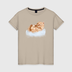 Женская футболка хлопок с принтом Рыжик котик на облачке в Санкт-Петербурге, 100% хлопок | прямой крой, круглый вырез горловины, длина до линии бедер, слегка спущенное плечо | Тематика изображения на принте: 