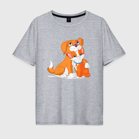 Мужская футболка хлопок Oversize с принтом Рыжие собачка и кошечка в Кировске, 100% хлопок | свободный крой, круглый ворот, “спинка” длиннее передней части | 