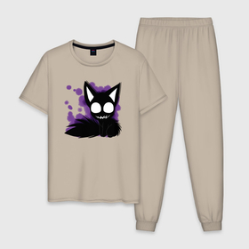 Мужская пижама хлопок с принтом Тёмный мрачный кот в Тюмени, 100% хлопок | брюки и футболка прямого кроя, без карманов, на брюках мягкая резинка на поясе и по низу штанин
 | 