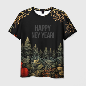 Мужская футболка 3D с принтом Happy new year black style в Белгороде, 100% полиэфир | прямой крой, круглый вырез горловины, длина до линии бедер | 