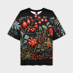 Мужская футболка oversize 3D с принтом Новогодние ягоды и цветы в Тюмени,  |  | Тематика изображения на принте: 