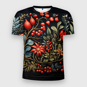 Мужская футболка 3D Slim с принтом Новогодние ягоды и цветы в Тюмени, 100% полиэстер с улучшенными характеристиками | приталенный силуэт, круглая горловина, широкие плечи, сужается к линии бедра | 