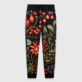 Мужские брюки 3D с принтом Новогодние ягоды и цветы в Тюмени, 100% полиэстер | манжеты по низу, эластичный пояс регулируется шнурком, по бокам два кармана без застежек, внутренняя часть кармана из мелкой сетки | 