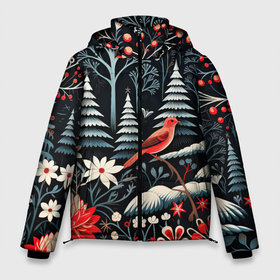 Мужская зимняя куртка 3D с принтом Новогодний лес и птицы в Тюмени, верх — 100% полиэстер; подкладка — 100% полиэстер; утеплитель — 100% полиэстер | длина ниже бедра, свободный силуэт Оверсайз. Есть воротник-стойка, отстегивающийся капюшон и ветрозащитная планка. 

Боковые карманы с листочкой на кнопках и внутренний карман на молнии. | Тематика изображения на принте: 