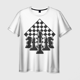 Мужская футболка 3D с принтом Шахматная доска и фигуры в Петрозаводске, 100% полиэфир | прямой крой, круглый вырез горловины, длина до линии бедер | 