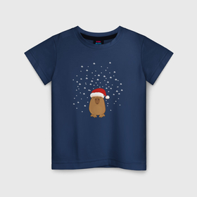 Детская футболка хлопок с принтом Капибара и снег , 100% хлопок | круглый вырез горловины, полуприлегающий силуэт, длина до линии бедер | Тематика изображения на принте: 