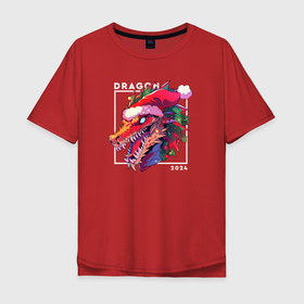 Мужская футболка хлопок Oversize с принтом Angry Christmas dragon в Курске, 100% хлопок | свободный крой, круглый ворот, “спинка” длиннее передней части | 