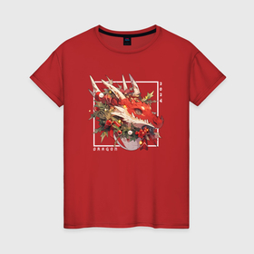 Женская футболка хлопок с принтом Christmas red dragon в Екатеринбурге, 100% хлопок | прямой крой, круглый вырез горловины, длина до линии бедер, слегка спущенное плечо | 