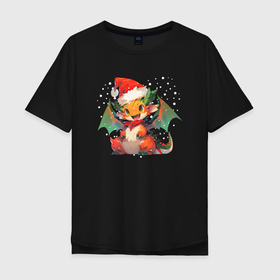 Мужская футболка хлопок Oversize с принтом Red christmas dragon в Кировске, 100% хлопок | свободный крой, круглый ворот, “спинка” длиннее передней части | Тематика изображения на принте: 