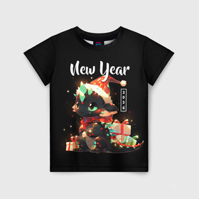 Детская футболка 3D с принтом Милый черный новогодний дракон в Курске, 100% гипоаллергенный полиэфир | прямой крой, круглый вырез горловины, длина до линии бедер, чуть спущенное плечо, ткань немного тянется | Тематика изображения на принте: 