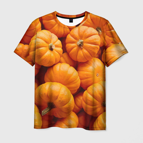 Мужская футболка 3D с принтом Оранжевые тыквы в Новосибирске, 100% полиэфир | прямой крой, круглый вырез горловины, длина до линии бедер | 