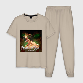 Мужская пижама хлопок с принтом Атакующий титан Эрен Йегер , 100% хлопок | брюки и футболка прямого кроя, без карманов, на брюках мягкая резинка на поясе и по низу штанин
 | 
