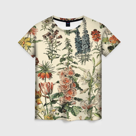 Женская футболка 3D с принтом Цветочный гербарий из полевых цветов в Тюмени, 100% полиэфир ( синтетическое хлопкоподобное полотно) | прямой крой, круглый вырез горловины, длина до линии бедер | 