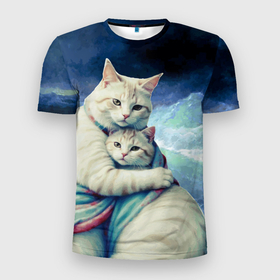 Мужская футболка 3D Slim с принтом Айвозовский Среди волн   влюбленные котики в Тюмени, 100% полиэстер с улучшенными характеристиками | приталенный силуэт, круглая горловина, широкие плечи, сужается к линии бедра | Тематика изображения на принте: 