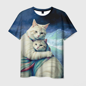 Мужская футболка 3D с принтом Айвозовский Среди волн   влюбленные котики в Курске, 100% полиэфир | прямой крой, круглый вырез горловины, длина до линии бедер | 