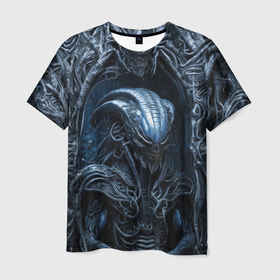 Мужская футболка 3D с принтом Зловещий ксеноморф в Кировске, 100% полиэфир | прямой крой, круглый вырез горловины, длина до линии бедер | 