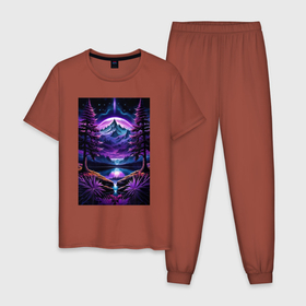Мужская пижама хлопок с принтом Пейзаж в фиолетовых тонах   нейросеть , 100% хлопок | брюки и футболка прямого кроя, без карманов, на брюках мягкая резинка на поясе и по низу штанин
 | 