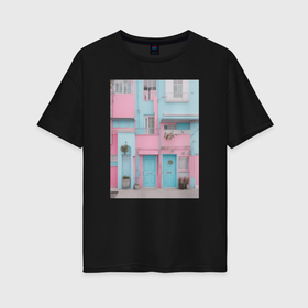 Женская футболка хлопок Oversize с принтом Город пастельный стиль в Санкт-Петербурге, 100% хлопок | свободный крой, круглый ворот, спущенный рукав, длина до линии бедер
 | 
