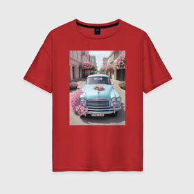 Женская футболка хлопок Oversize с принтом Ретро авто в цветочном городе в Кировске, 100% хлопок | свободный крой, круглый ворот, спущенный рукав, длина до линии бедер
 | 