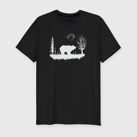 Мужская футболка хлопок Slim с принтом Мишка в ночном лесу в Курске, 92% хлопок, 8% лайкра | приталенный силуэт, круглый вырез ворота, длина до линии бедра, короткий рукав | 