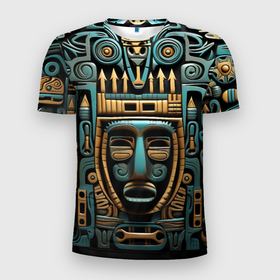 Мужская футболка 3D Slim с принтом Орнамент с маской в египетском стиле в Петрозаводске, 100% полиэстер с улучшенными характеристиками | приталенный силуэт, круглая горловина, широкие плечи, сужается к линии бедра | 