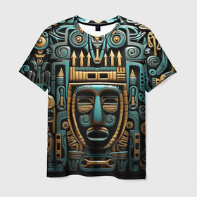 Мужская футболка 3D с принтом Орнамент с маской в египетском стиле в Курске, 100% полиэфир | прямой крой, круглый вырез горловины, длина до линии бедер | 