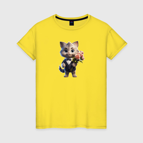 Женская футболка хлопок с принтом Котик джентельмен  в костюме с цветами в Тюмени, 100% хлопок | прямой крой, круглый вырез горловины, длина до линии бедер, слегка спущенное плечо | 