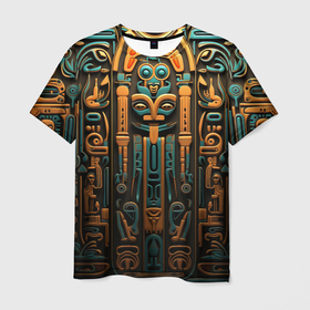Мужская футболка 3D с принтом Орнамент в египетском стиле, бюст Нефертити , 100% полиэфир | прямой крой, круглый вырез горловины, длина до линии бедер | 