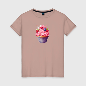 Женская футболка хлопок с принтом Большой кекс радость сладкоежки в Тюмени, 100% хлопок | прямой крой, круглый вырез горловины, длина до линии бедер, слегка спущенное плечо | 