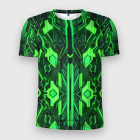 Мужская футболка 3D Slim с принтом Киберпанк неоновая броня зелёная в Новосибирске, 100% полиэстер с улучшенными характеристиками | приталенный силуэт, круглая горловина, широкие плечи, сужается к линии бедра | Тематика изображения на принте: 
