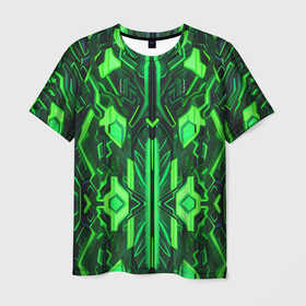 Мужская футболка 3D с принтом Киберпанк неоновая броня зелёная , 100% полиэфир | прямой крой, круглый вырез горловины, длина до линии бедер | 