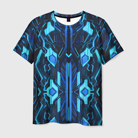 Мужская футболка 3D с принтом Киберпанк неоновая броня синяя в Екатеринбурге, 100% полиэфир | прямой крой, круглый вырез горловины, длина до линии бедер | Тематика изображения на принте: 
