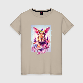 Женская футболка хлопок с принтом Кролик в цветах надпись в Екатеринбурге, 100% хлопок | прямой крой, круглый вырез горловины, длина до линии бедер, слегка спущенное плечо | 