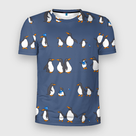 Мужская футболка 3D Slim с принтом Забавное семейство пингвинов в Кировске, 100% полиэстер с улучшенными характеристиками | приталенный силуэт, круглая горловина, широкие плечи, сужается к линии бедра | 