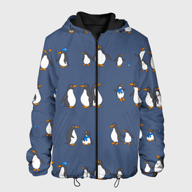 Мужская куртка 3D с принтом Забавное семейство пингвинов в Курске, ткань верха — 100% полиэстер, подклад — флис | прямой крой, подол и капюшон оформлены резинкой с фиксаторами, два кармана без застежек по бокам, один большой потайной карман на груди. Карман на груди застегивается на липучку | 
