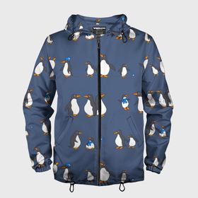 Мужская ветровка 3D с принтом Забавное семейство пингвинов в Санкт-Петербурге, 100% полиэстер | подол и капюшон оформлены резинкой с фиксаторами, два кармана без застежек по бокам, один потайной карман на груди | Тематика изображения на принте: 
