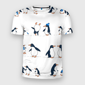 Мужская футболка 3D Slim с принтом Семейство пингвинов на прогулке в Кировске, 100% полиэстер с улучшенными характеристиками | приталенный силуэт, круглая горловина, широкие плечи, сужается к линии бедра | 
