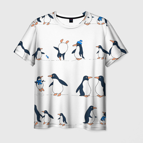 Мужская футболка 3D с принтом Семейство пингвинов на прогулке в Петрозаводске, 100% полиэфир | прямой крой, круглый вырез горловины, длина до линии бедер | 