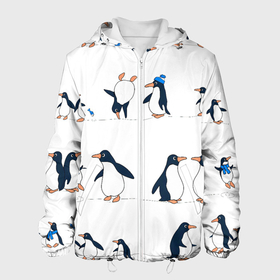 Мужская куртка 3D с принтом Семейство пингвинов на прогулке в Петрозаводске, ткань верха — 100% полиэстер, подклад — флис | прямой крой, подол и капюшон оформлены резинкой с фиксаторами, два кармана без застежек по бокам, один большой потайной карман на груди. Карман на груди застегивается на липучку | 