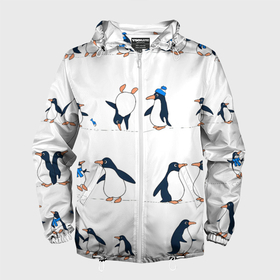 Мужская ветровка 3D с принтом Семейство пингвинов на прогулке в Белгороде, 100% полиэстер | подол и капюшон оформлены резинкой с фиксаторами, два кармана без застежек по бокам, один потайной карман на груди | 