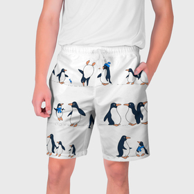 Мужские шорты 3D с принтом Семейство пингвинов на прогулке ,  полиэстер 100% | прямой крой, два кармана без застежек по бокам. Мягкая трикотажная резинка на поясе, внутри которой широкие завязки. Длина чуть выше колен | 