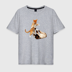 Мужская футболка хлопок Oversize с принтом Два котика играются в Кировске, 100% хлопок | свободный крой, круглый ворот, “спинка” длиннее передней части | Тематика изображения на принте: 