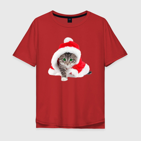 Мужская футболка хлопок Oversize с принтом Котик Санта в новогоднем колпаке в Курске, 100% хлопок | свободный крой, круглый ворот, “спинка” длиннее передней части | Тематика изображения на принте: 