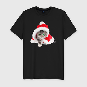 Мужская футболка хлопок Slim с принтом Котик Санта в новогоднем колпаке в Петрозаводске, 92% хлопок, 8% лайкра | приталенный силуэт, круглый вырез ворота, длина до линии бедра, короткий рукав | Тематика изображения на принте: 
